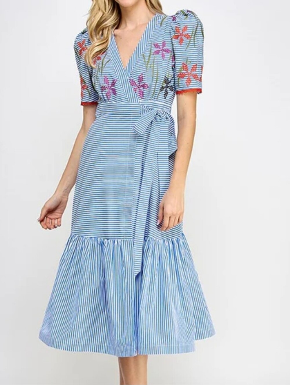 Harley & Me Blue & White Striped Wrap Midi Dress with Red Floral Embroidery